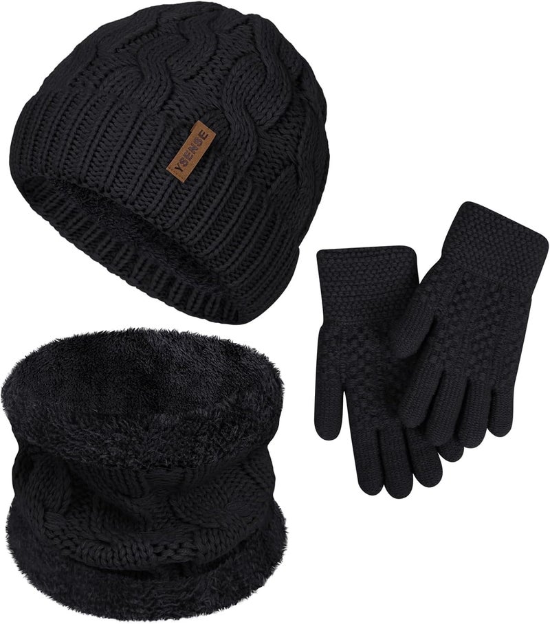 YSense 3 Pcs Kids Winter Beanie Hat Scarf Gloves Set Thick Knit Warm Fleece Fuzzy Lined Beanie Caps Mittens for Boys Girls - Image 1