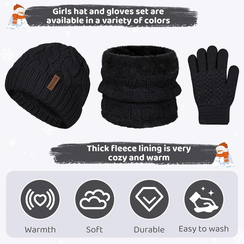 YSense 3 Pcs Kids Winter Beanie Hat Scarf Gloves Set Thick Knit Warm Fleece Fuzzy Lined Beanie Caps Mittens for Boys Girls - Image 4