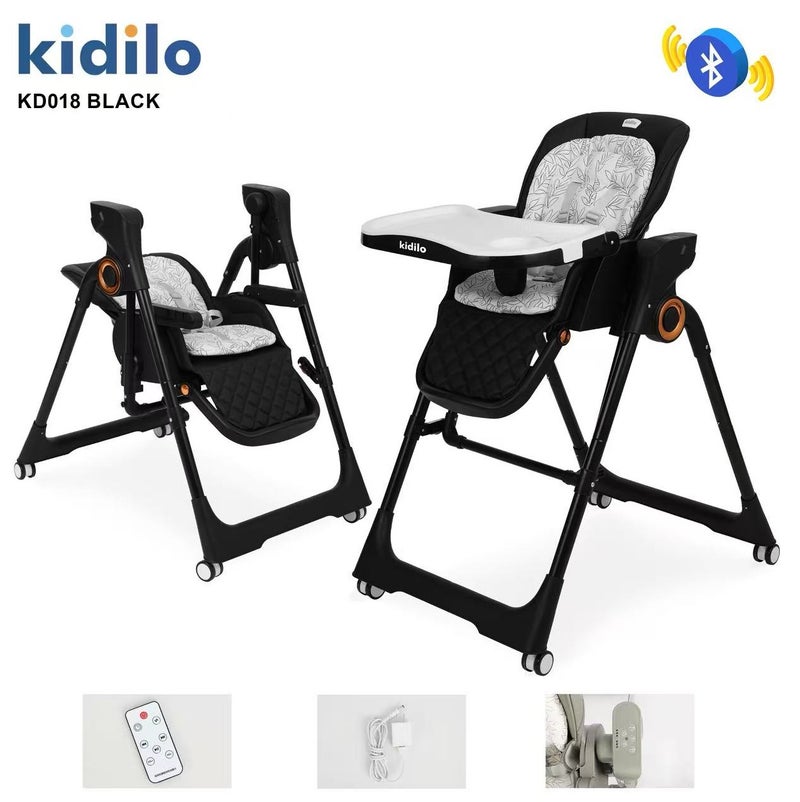 Kidilo KD018 Electric Baby High Chair & Rocking Swing | Bluetooth Music, Remote Control & Control Panel | Detachable Feeding Tray | Adjustable Recline | 5-Point Harness | Foldable Design | Lockable Wheels