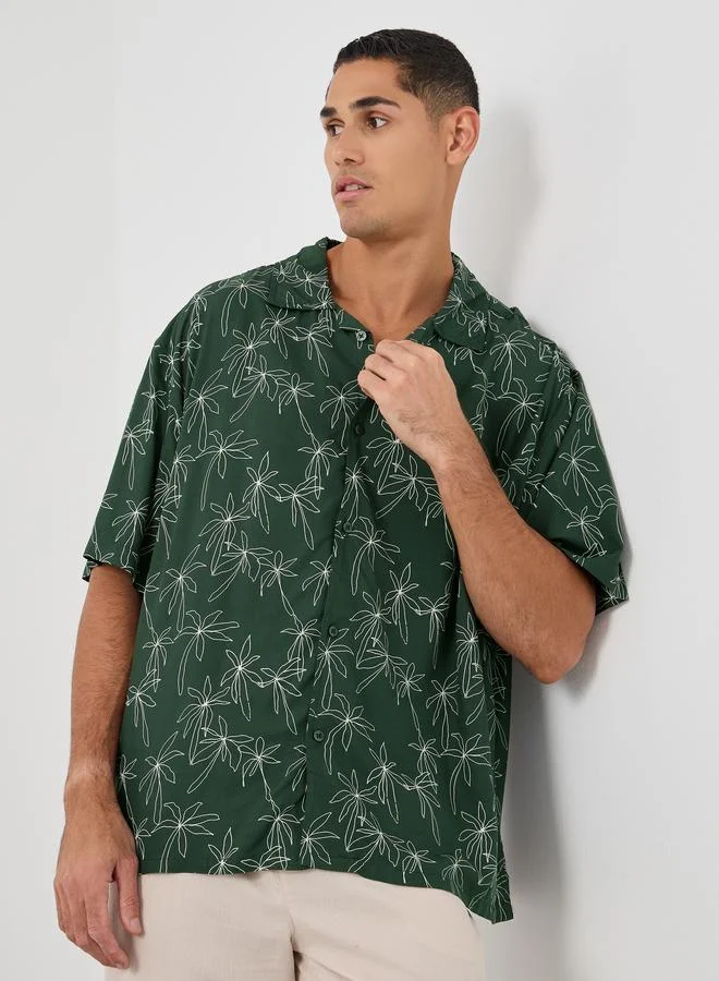 ستايلي Styli All-Over Floral Print Resort Collar Oversized Shirt