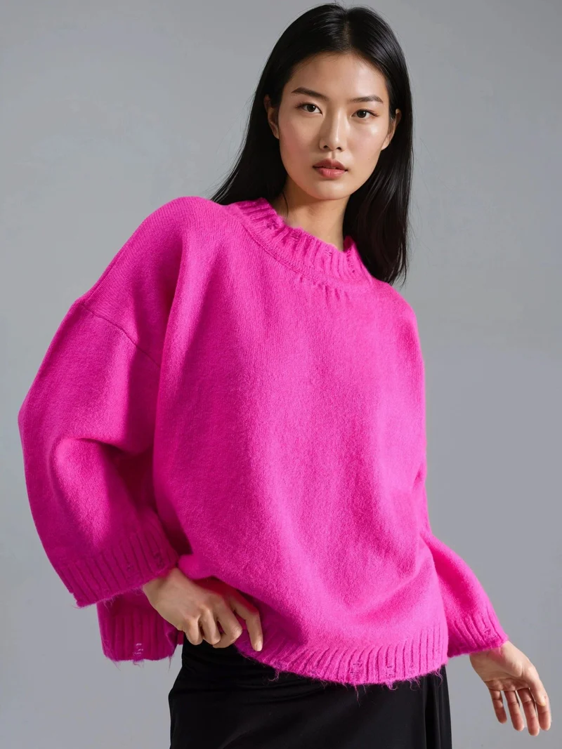 MY FASHION Oversized Textured Knit Sweater with Crew Neck