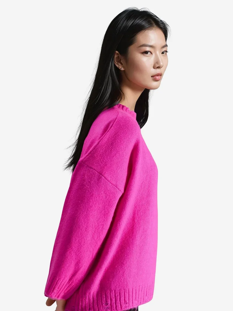 My Fashion Magenta Pink MY FASHION Oversized Textured Knit Sweater with Crew Neck for Women | Best Price UAE