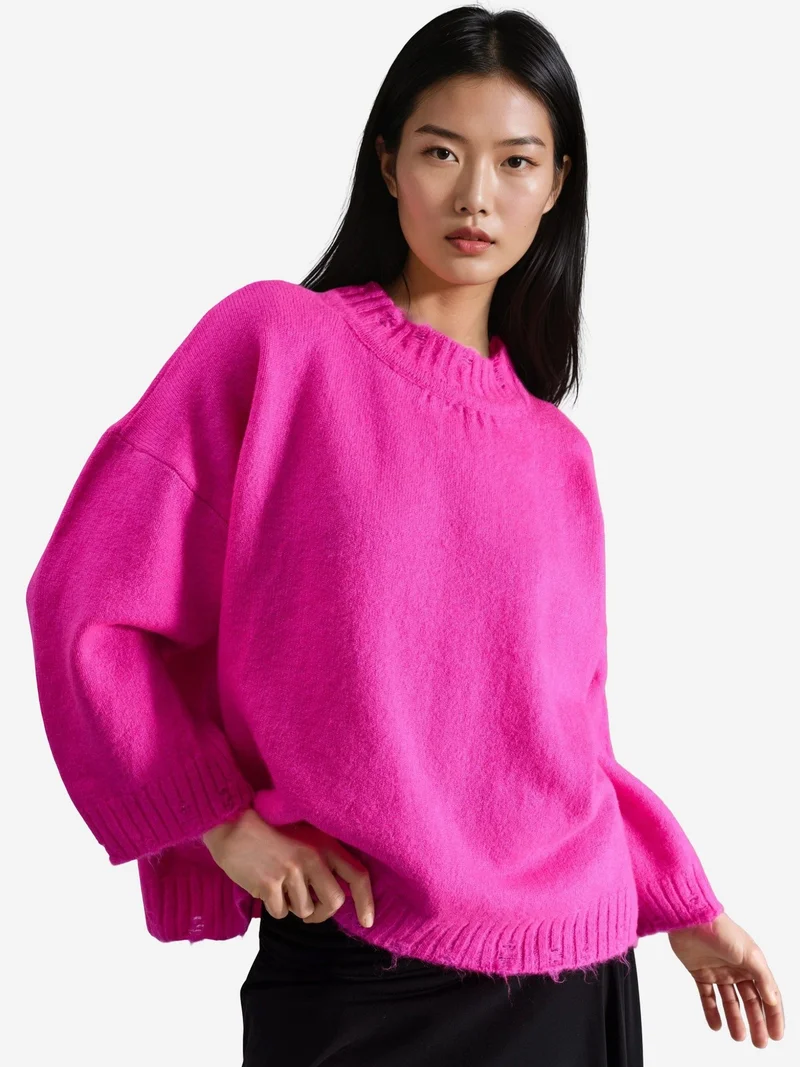 My Fashion Magenta Pink MY FASHION Oversized Textured Knit Sweater with Crew Neck for Women | Best Price UAE