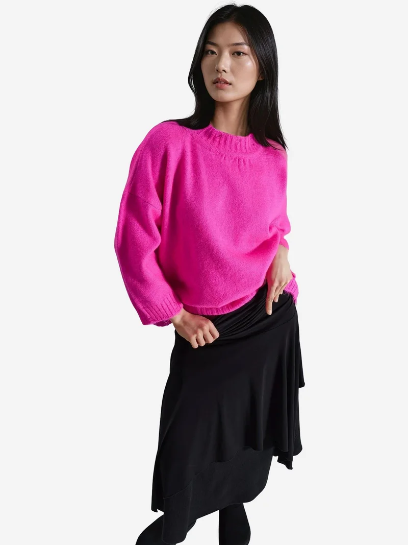 My Fashion Magenta Pink MY FASHION Oversized Textured Knit Sweater with Crew Neck for Women | Best Price UAE