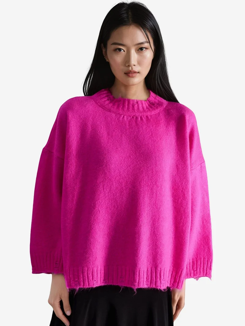 MY FASHION Oversized Textured Knit Sweater with Crew Neck