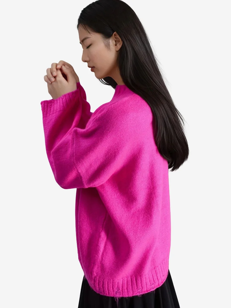 My Fashion Magenta Pink MY FASHION Oversized Textured Knit Sweater with Crew Neck for Women | Best Price UAE