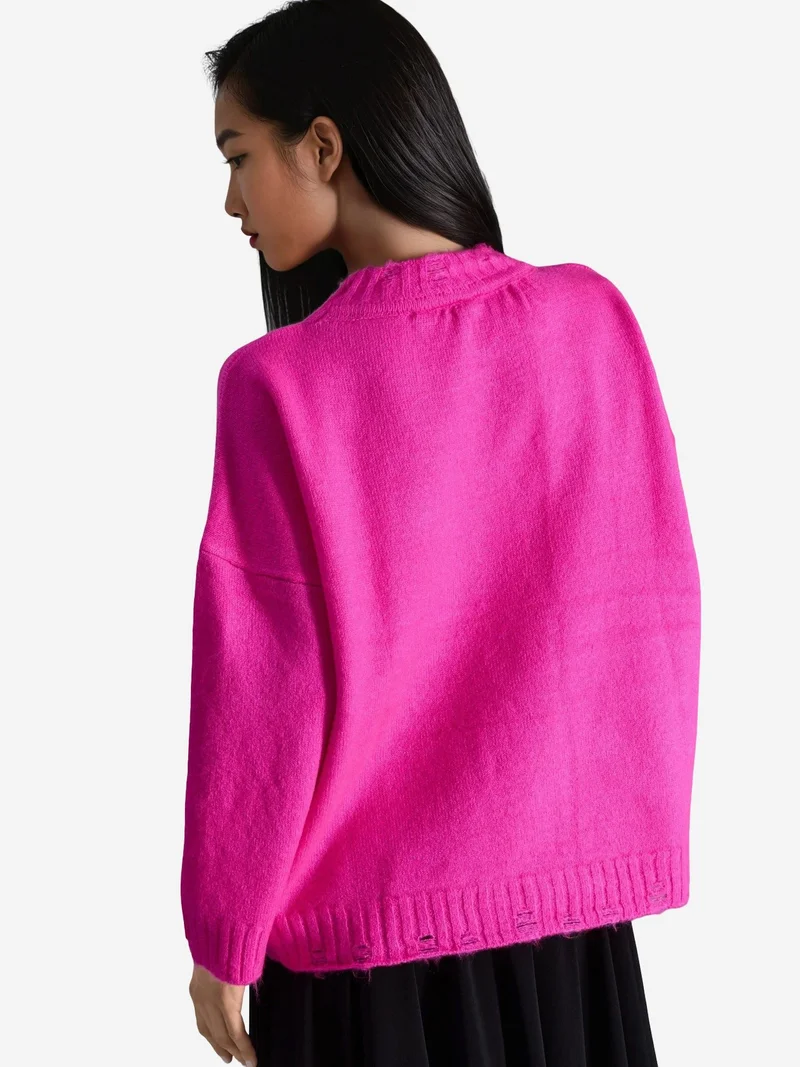 My Fashion Magenta Pink MY FASHION Oversized Textured Knit Sweater with Crew Neck for Women | Best Price UAE