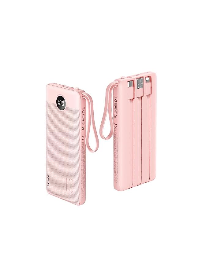VRURC شاحن محمول 10000 مللي أمبير، شاشة LED رفيعة، بطارية محمولة بخمسة مخرجات ومدخلين، كابلات Micro وUSB C مدمجة، شاحن هاتف متوافق مع iPhone وSamsung وAndroid وما إلى ذلك - وردي - Image 2