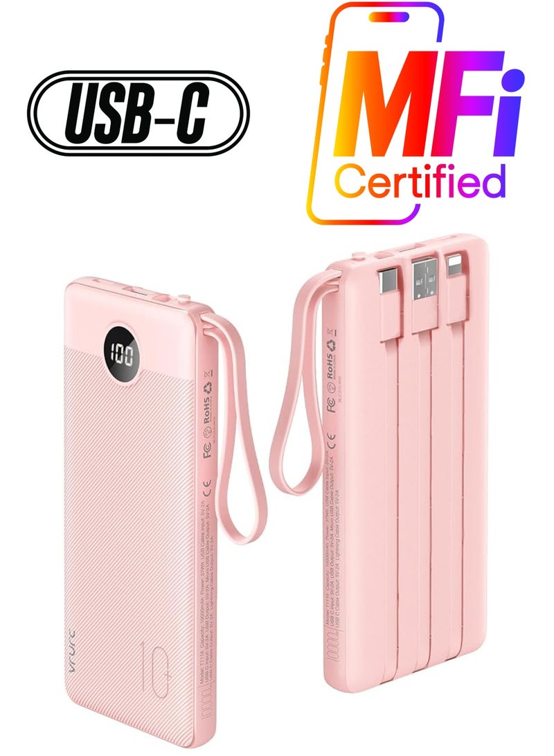 VRURC شاحن محمول 10000 مللي أمبير، شاشة LED رفيعة، بطارية محمولة بخمسة مخرجات ومدخلين، كابلات Micro وUSB C مدمجة، شاحن هاتف متوافق مع iPhone وSamsung وAndroid وما إلى ذلك - وردي - Image 1