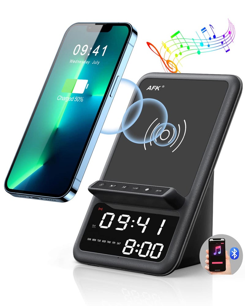 AFK Wireless Charging Station with Bluetooth Speaker and Alarm Clock,Wireless Charger Compatible with iPhone,Android Phones(Black) - Image 1