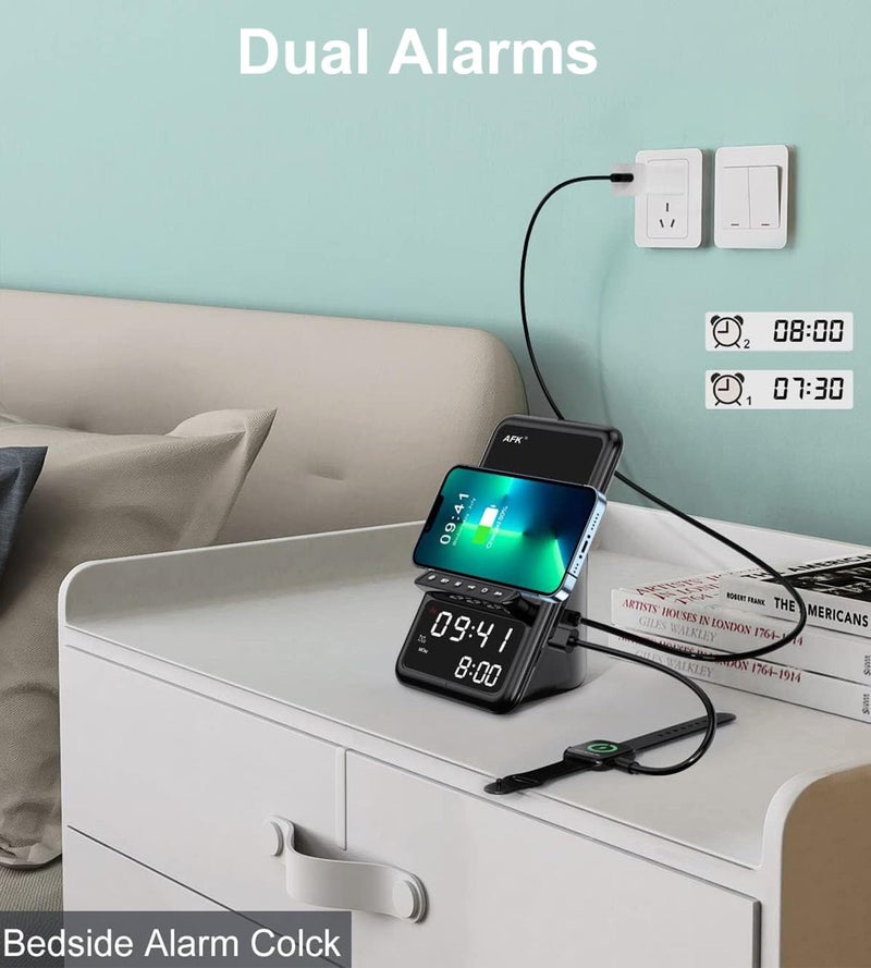 AFK Wireless Charging Station with Bluetooth Speaker and Alarm Clock,Wireless Charger Compatible with iPhone,Android Phones(Black) - Image 5