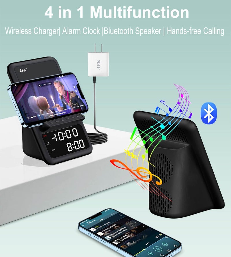 AFK Wireless Charging Station with Bluetooth Speaker and Alarm Clock,Wireless Charger Compatible with iPhone,Android Phones(Black) - Image 2