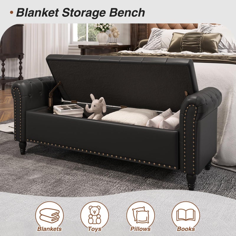 FiveWillowise Bedroom Bench, End of Bed Bench with Storage, 55-Inch Bed Benches for Foot of Bed, Faux Leather Window Bench, Upholstered Storage Bench with Tufted Button and Nailhead Trim, Rolled Arms, Cream White - Image 2