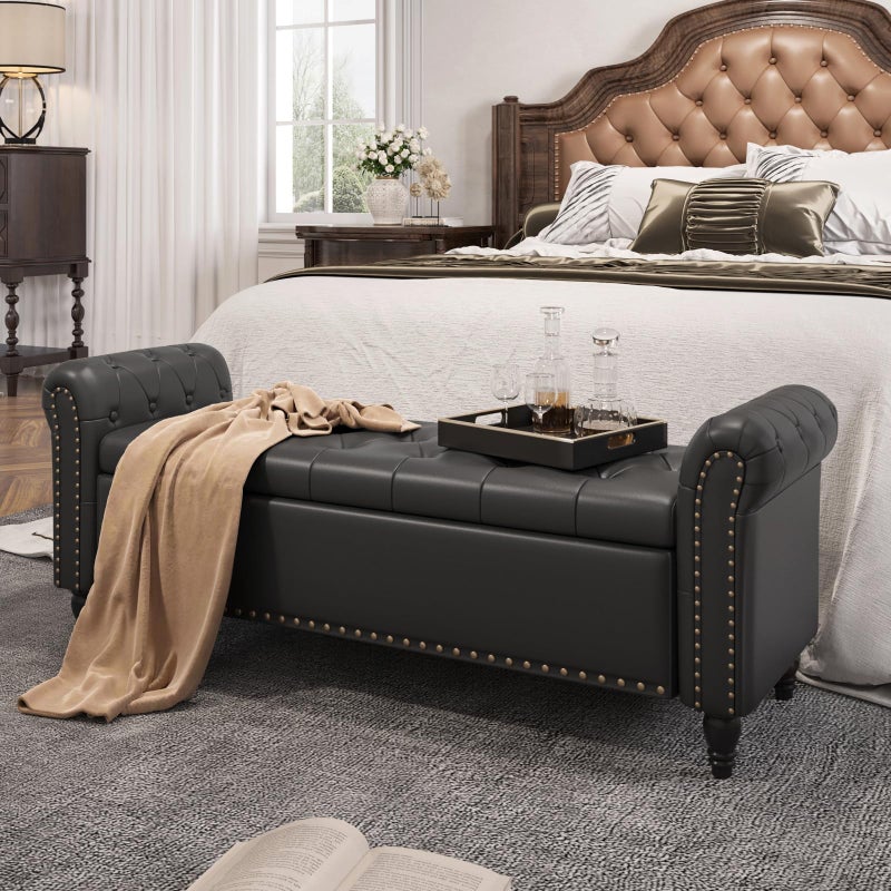 FiveWillowise Bedroom Bench, End of Bed Bench with Storage, 55-Inch Bed Benches for Foot of Bed, Faux Leather Window Bench, Upholstered Storage Bench with Tufted Button and Nailhead Trim, Rolled Arms, Cream White - Image 1