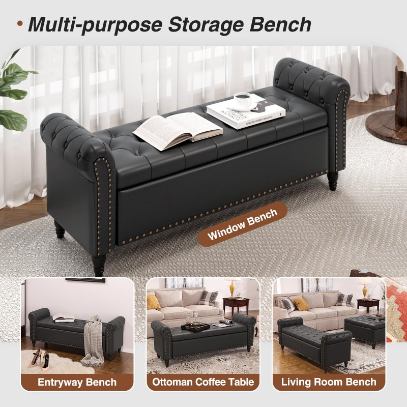 FiveWillowise Bedroom Bench, End of Bed Bench with Storage, 55-Inch Bed Benches for Foot of Bed, Faux Leather Window Bench, Upholstered Storage Bench with Tufted Button and Nailhead Trim, Rolled Arms, Cream White - Image 3