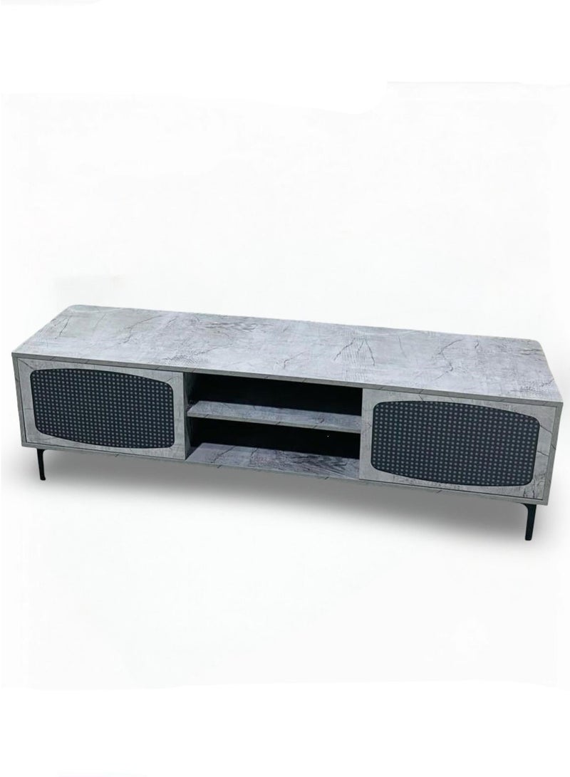 Generic TV Table with Rattan Doors – 160cm, Matte Gray Marble Finish  - Image 1