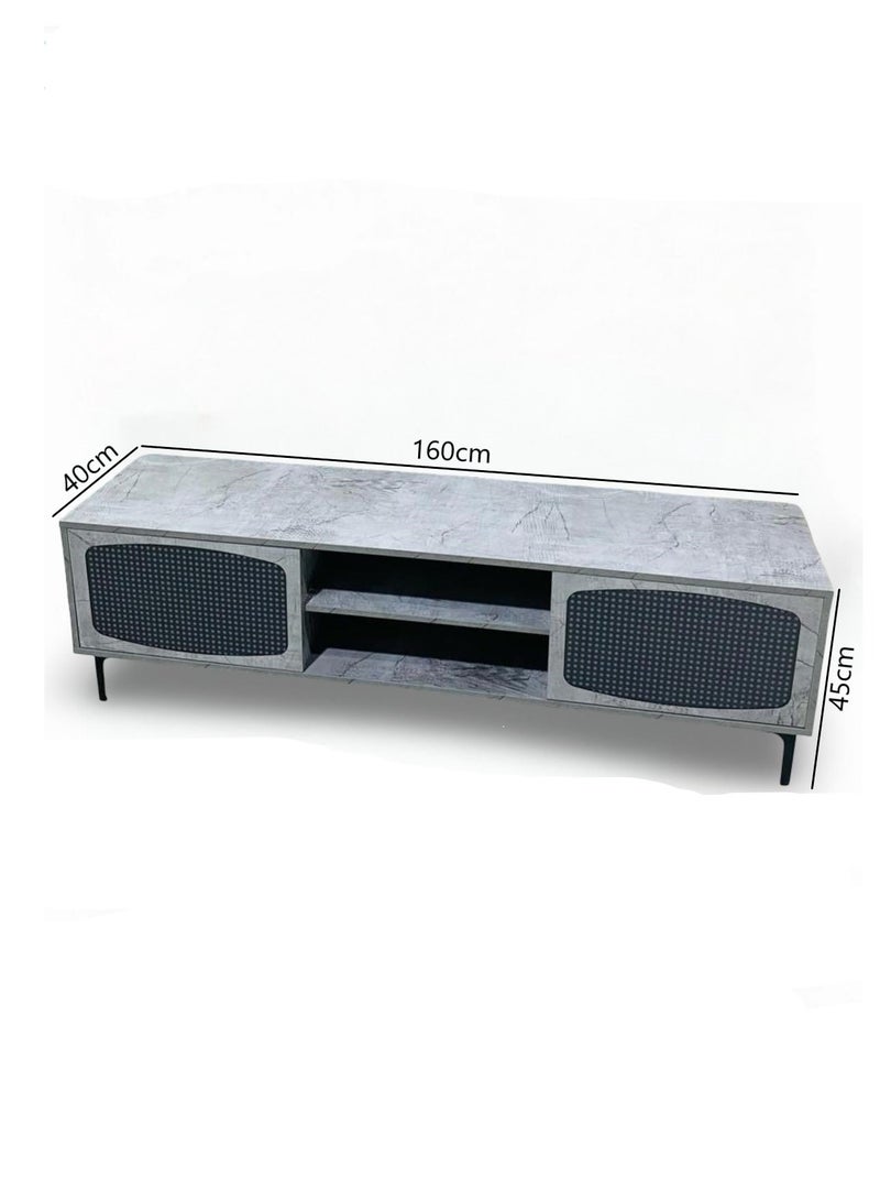 Generic TV Table with Rattan Doors – 160cm, Matte Gray Marble Finish  - Image 2