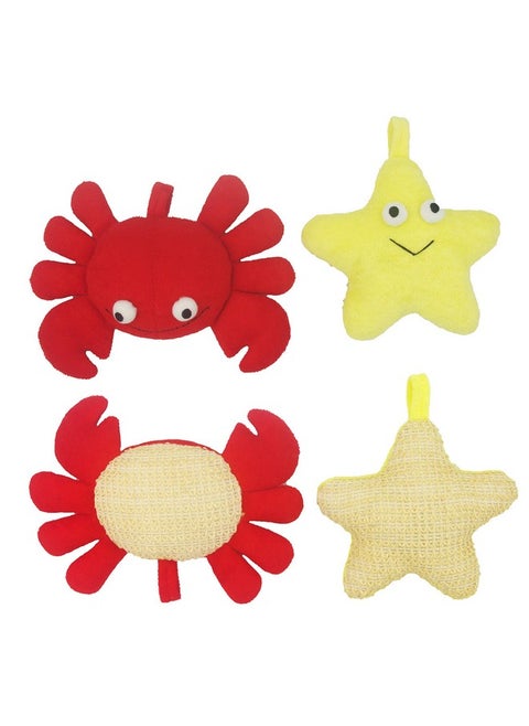 Leu Bath (2 Pack) Animal Body Scrubber Natural Linen Shower Ball For Toddler Kids Gentle Exfoliating Bath Sponge Loofah Pouf In Yellow Starfish Red Crab With Cute Big Eyes Design