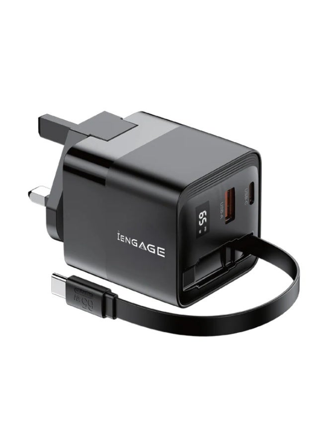 آي إِن چـيچ شاحن GaN سريع من iEngage بقدرة 65 واط بمنفذي USB-C وUSB-A وكابل USB-C مرفق (أسود) - Image 1