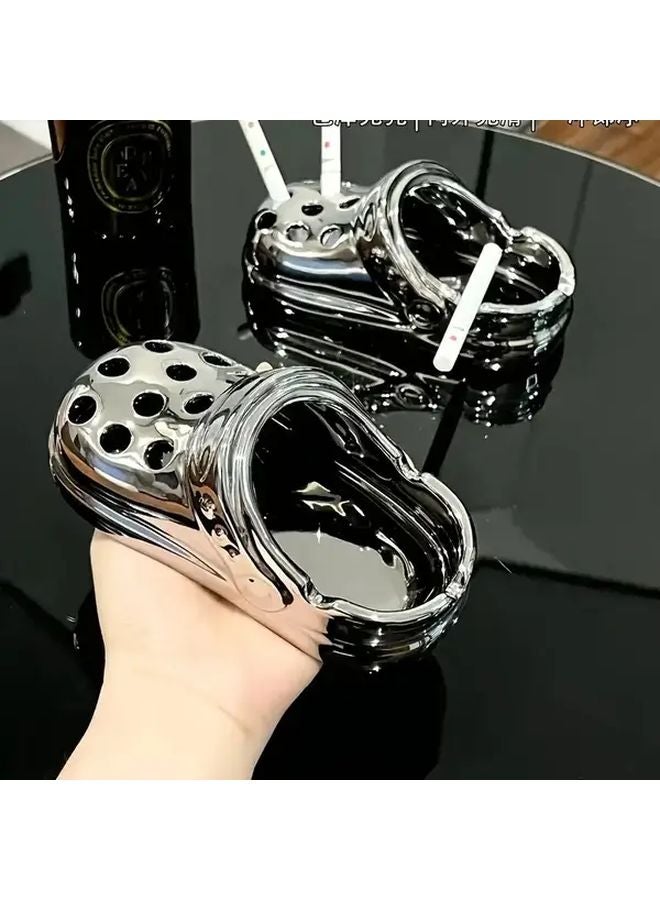 منفضة سجائر خزفية فضية مع حوض عميق وقاعدة غير قابلة للانزلاق وحامل سيجار مقاوم للرياح، ديكور عصري لمكتب المنزل أو المكتب. - Image 1