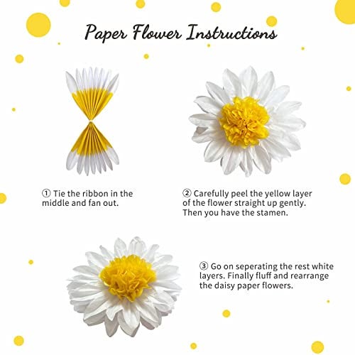 ANSOMO Daisy Tissue Paper Pom Poms Party Decorations White Yellow Flowers Wall Hanging 1st Birthday Bridal Baby Shower Wedding Classroom Décor 12" 8" Pack of 10 - Image 5