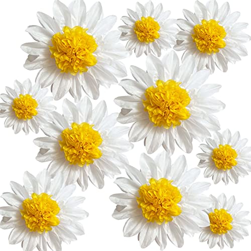 ANSOMO Daisy Tissue Paper Pom Poms Party Decorations White Yellow Flowers Wall Hanging 1st Birthday Bridal Baby Shower Wedding Classroom Décor 12" 8" Pack of 10 - Image 1