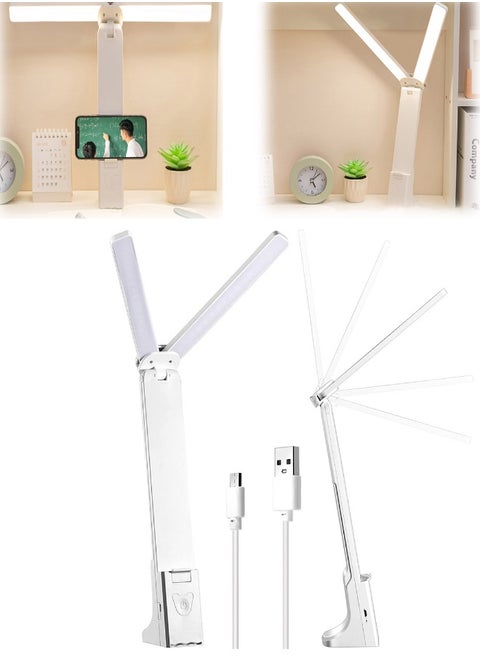 LED Double Head Desk Lamp, Portable Small Desk Lamp with Large Lighting Range, USB Eye-Care Small Desk Lamp, with 3 Lighting Modes, for Kids Reading, Studying, Home, Office, Dormitory (White)