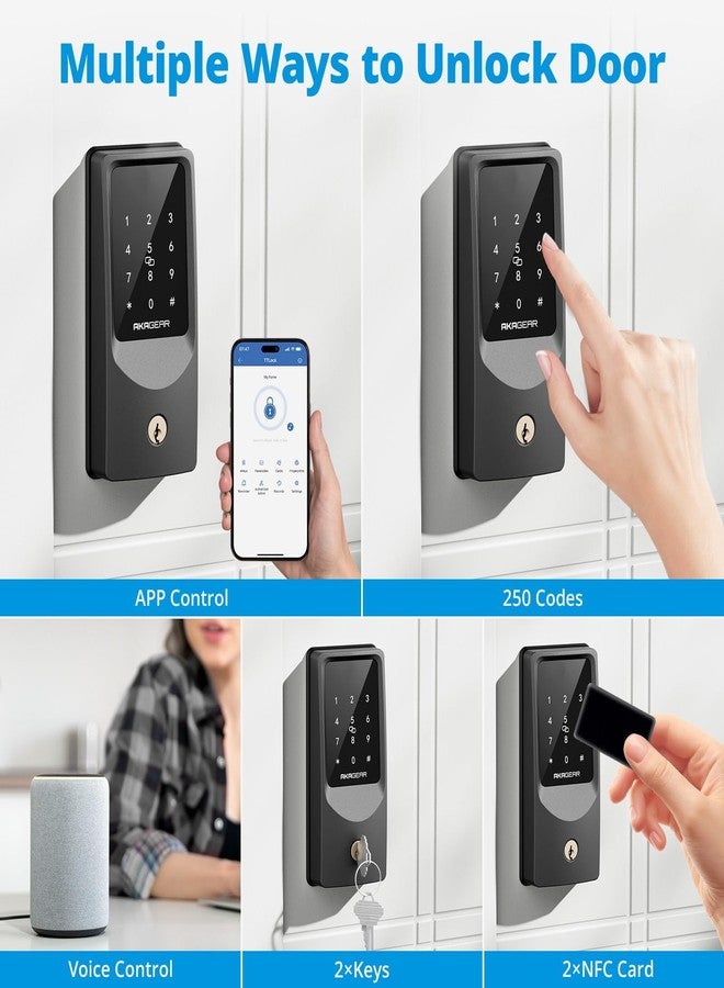 AKAGEAR T02 Mini Keyless Entry Door Lock, Built-in Wi-Fi, App Control, Smart Lock for Front Door, Keypad Deadbolt, Auto Locking, Keys, Fob Card, PIN Code Unlock, 8xAA Batteries, IP55 Waterproof - Image 2