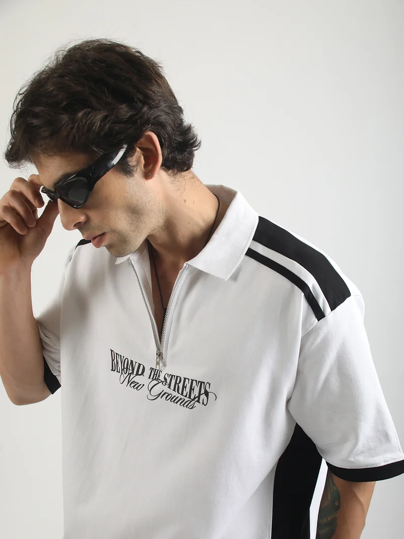 Maniac Maniac Mens Printed Polo Neck Half Sleeve Half Zipper White Cotton T-Shirt