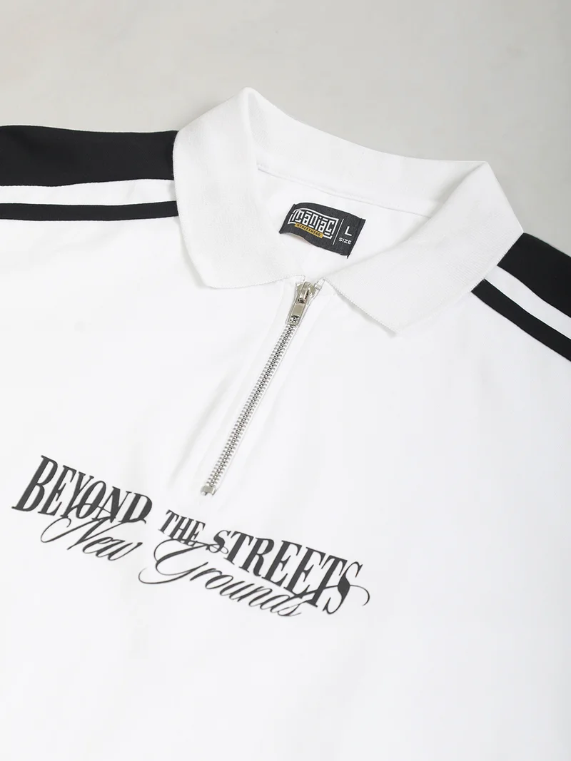 Maniac  Maniac Mens Printed Polo Neck Half Sleeve Half Zipper White Cotton T-Shirt for Men | Best Price UAE
