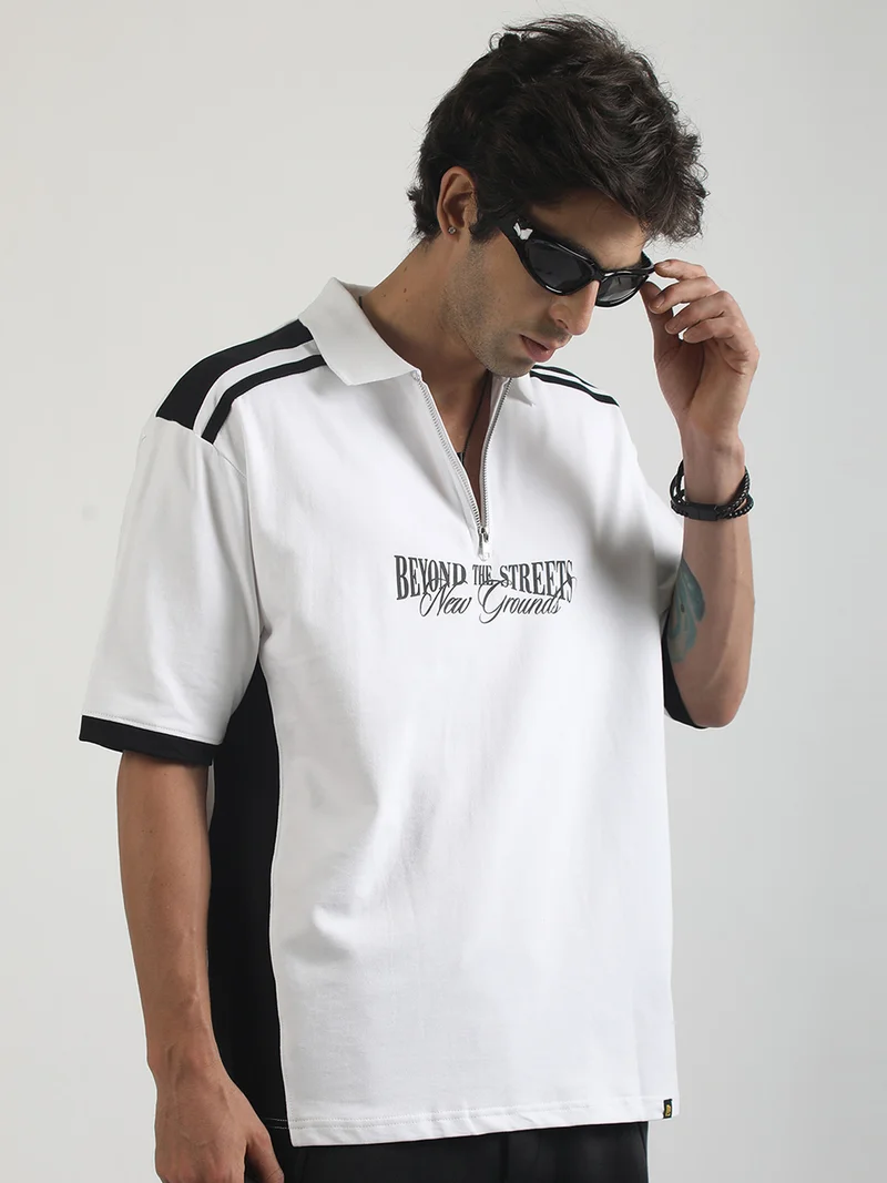 Maniac  Maniac Mens Printed Polo Neck Half Sleeve Half Zipper White Cotton T-Shirt for Men | Best Price UAE