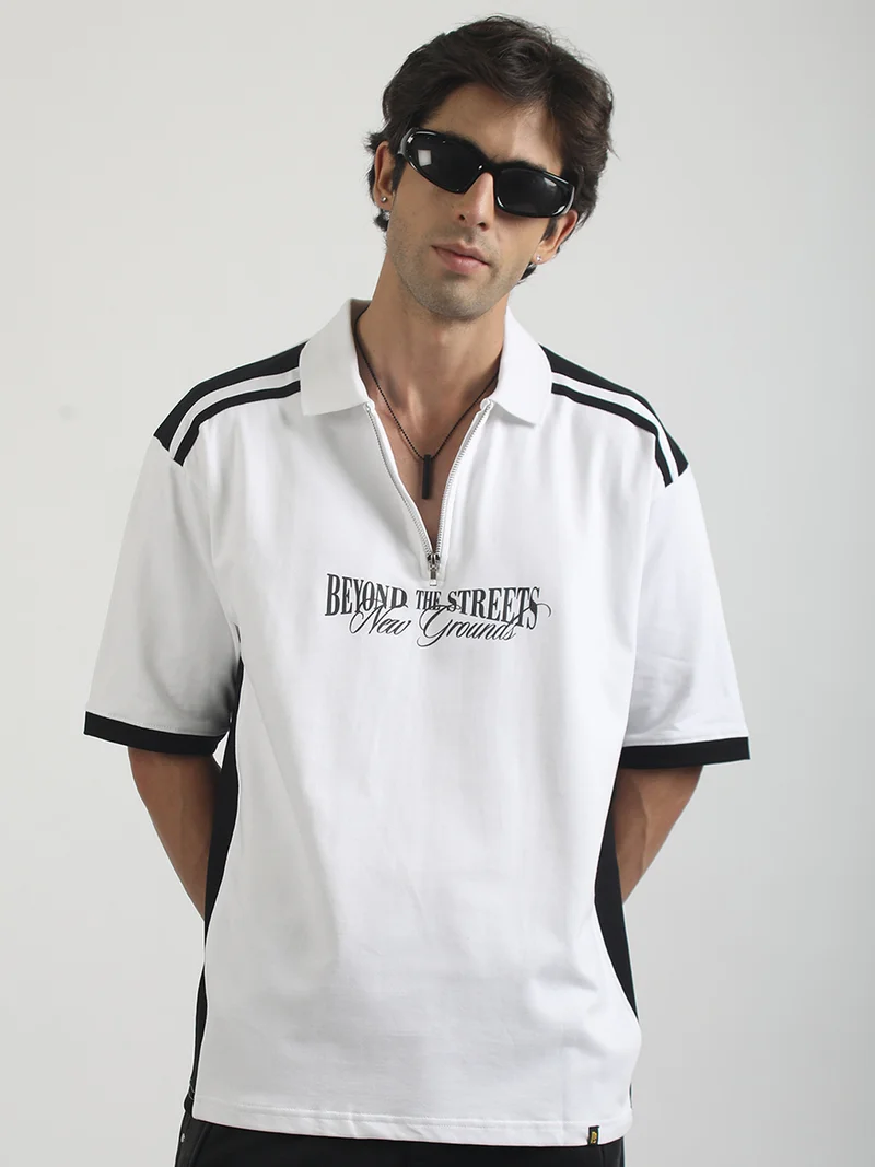 Maniac Maniac Mens Printed Polo Neck Half Sleeve Half Zipper White Cotton T-Shirt