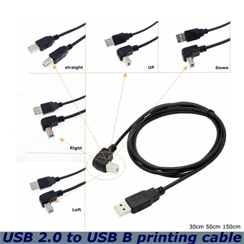 كابل USB 2.0 من نوع A إلى نوع B بطول 30-150 سم، مناسب للاستخدام في زوايا الأعلى والأسفل واليسار واليمين، لأجهزة الطابعات والماسحات الضوئية، بزاوية 90 درجة (طول 50 سم، متجه للأسفل) - Image 2