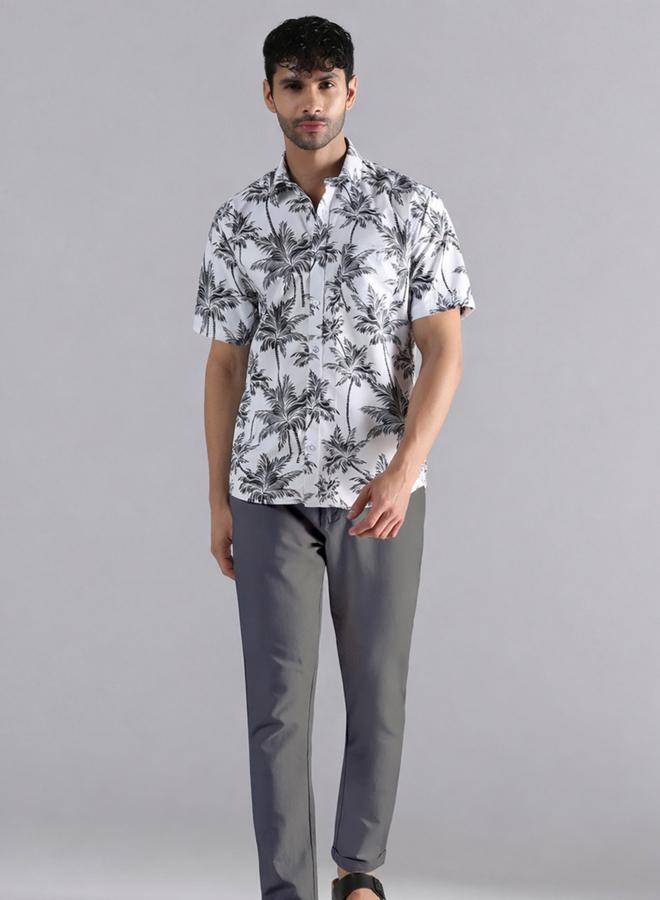 Take Two Men White Tropical Palm Print Shirt - Image 1