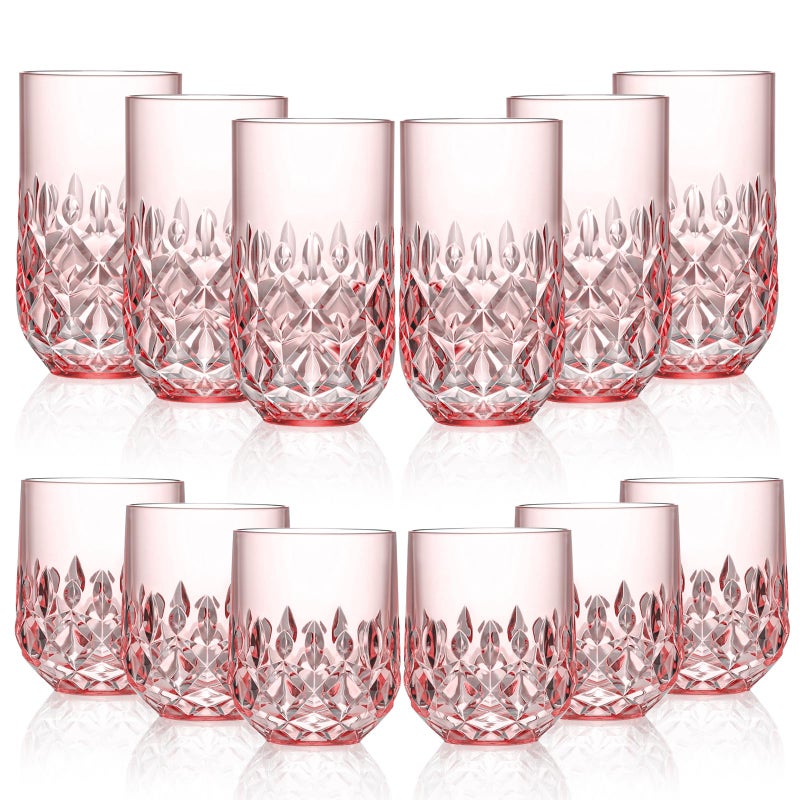 SKLENICE Acrylic Drinking Glasses Set of 12 Pink Mixed Drinks Glassware Unbreakable Palstic Tumbler and Rocks Glass Set 6pcs 18oz Highball and 6pcs 12 oz Cocktail Glasses for Cocktail Iced Coffee Beer Whiske - Image 1