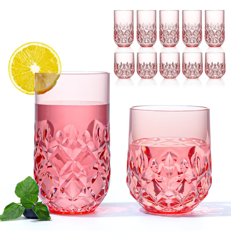 SKLENICE Acrylic Drinking Glasses Set of 12 Pink Mixed Drinks Glassware Unbreakable Palstic Tumbler and Rocks Glass Set 6pcs 18oz Highball and 6pcs 12 oz Cocktail Glasses for Cocktail Iced Coffee Beer Whiske - Image 2
