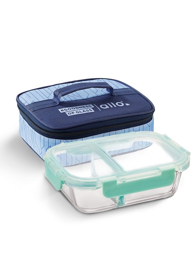 Allo FoodSafe Compartment Glass Lunch Box with Break Free Lock, Oven & Microwave Safe, Borosilicate Glass Container with Partition Divider, Office Tiffin with Space Blue Bag, 1000ml, Rectangle - Image 1