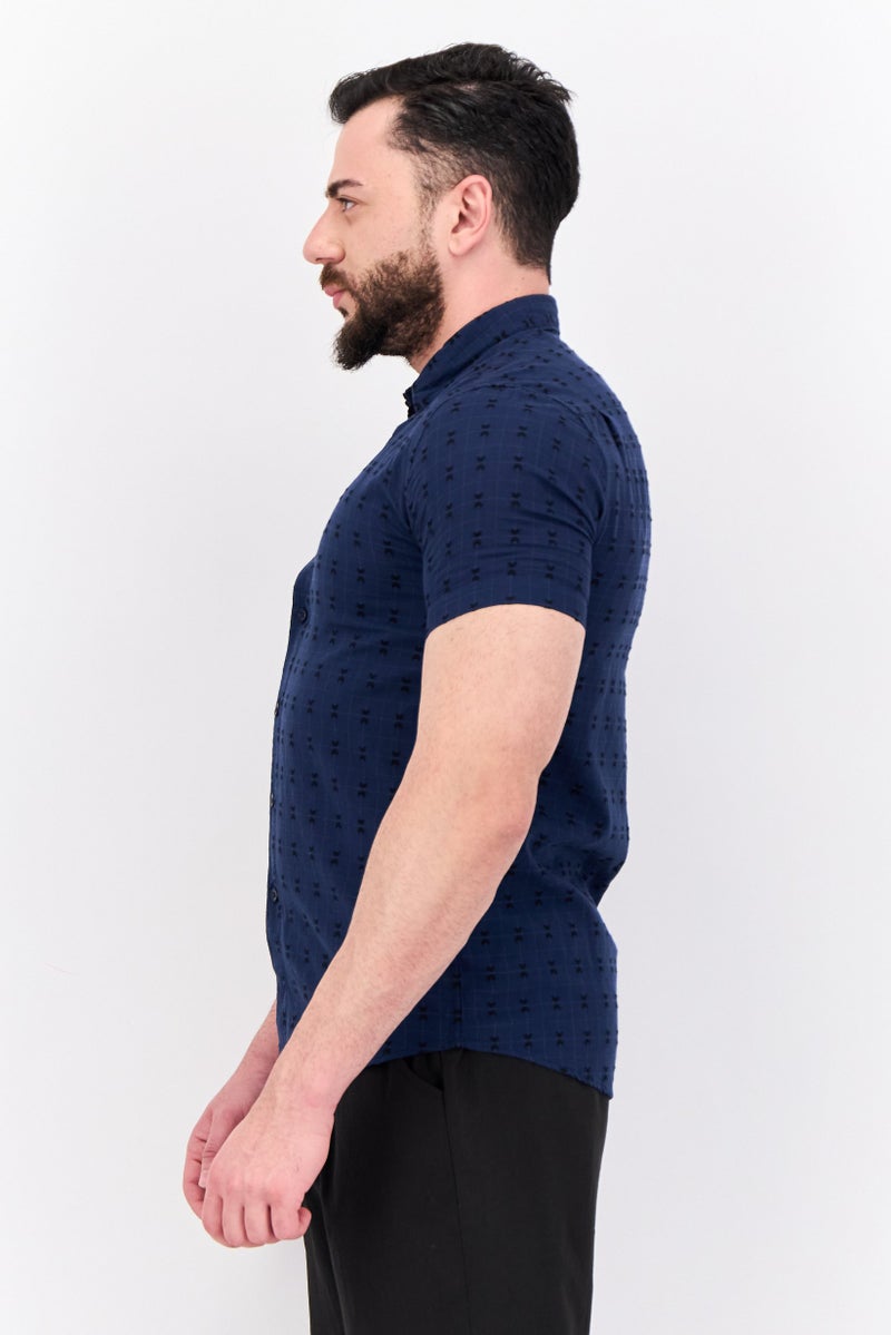 Peter Werth Men Regular Fit Textured Short Sleeves Casual Shirt, Dark Navy - Image 2