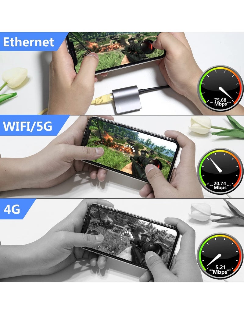 Lightning to Ethernet Adapter, 2 in 1 RJ45 Ethernet LAN Network Adapter with Charging Port for Phone, Pad 10/100Mbps High Speed, for Gaming and Video Watching