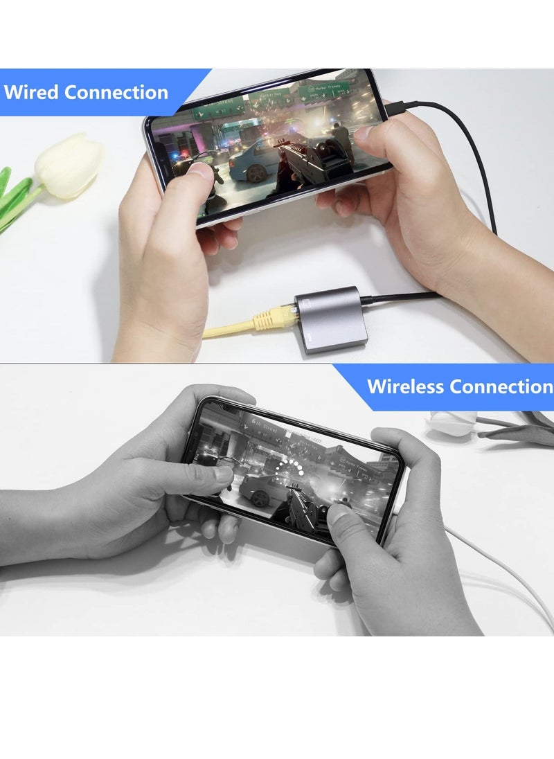 Lightning to Ethernet Adapter, 2 in 1 RJ45 Ethernet LAN Network Adapter with Charging Port for Phone, Pad 10/100Mbps High Speed, for Gaming and Video Watching