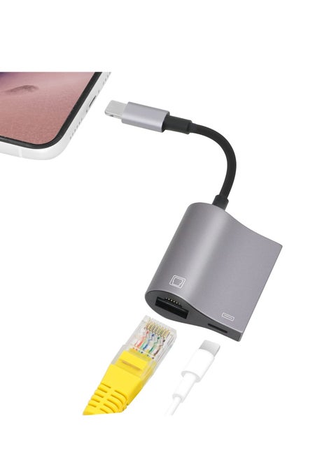 Lightning to Ethernet Adapter, 2 in 1 RJ45 Ethernet LAN Network Adapter with Charging Port for Phone, Pad 10/100Mbps High Speed, for Gaming and Video Watching