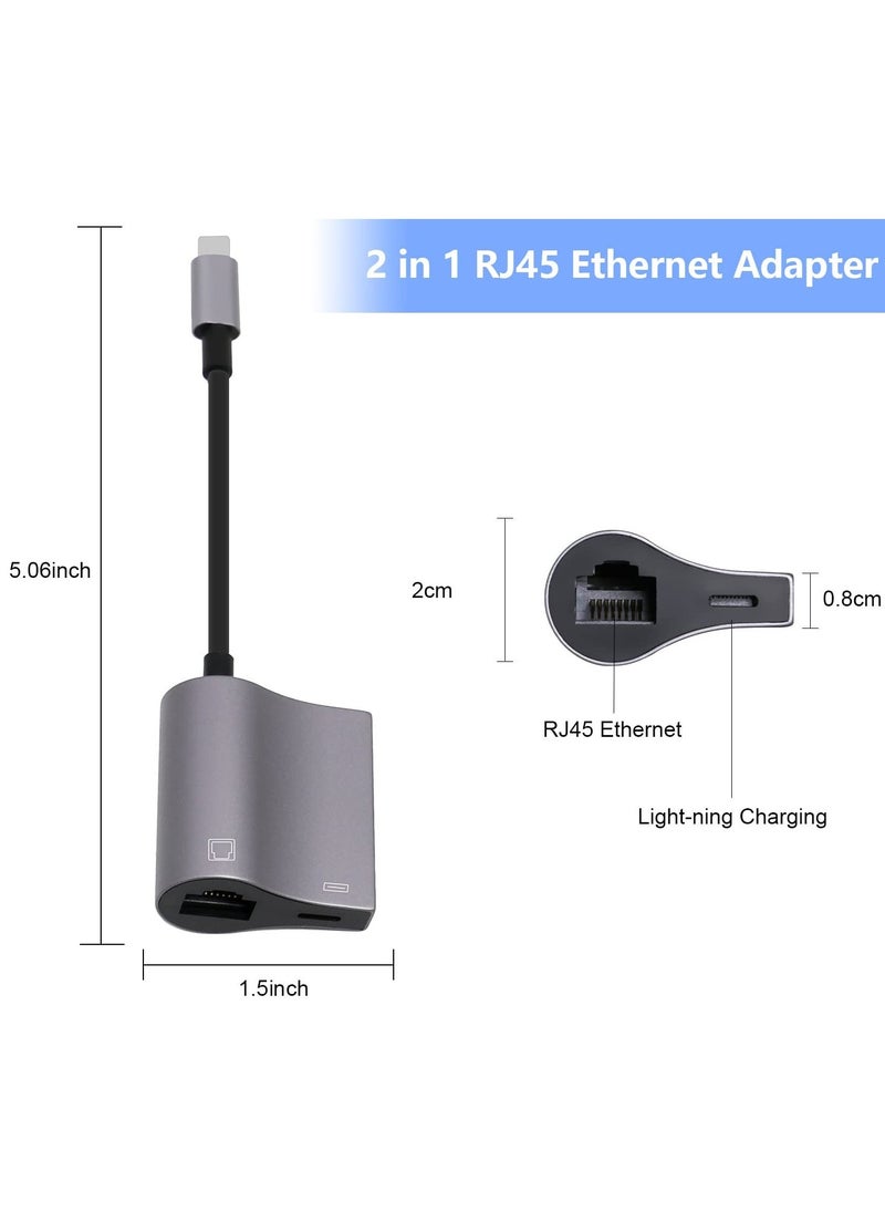 Lightning to Ethernet Adapter, 2 in 1 RJ45 Ethernet LAN Network Adapter with Charging Port for Phone, Pad 10/100Mbps High Speed, for Gaming and Video Watching
