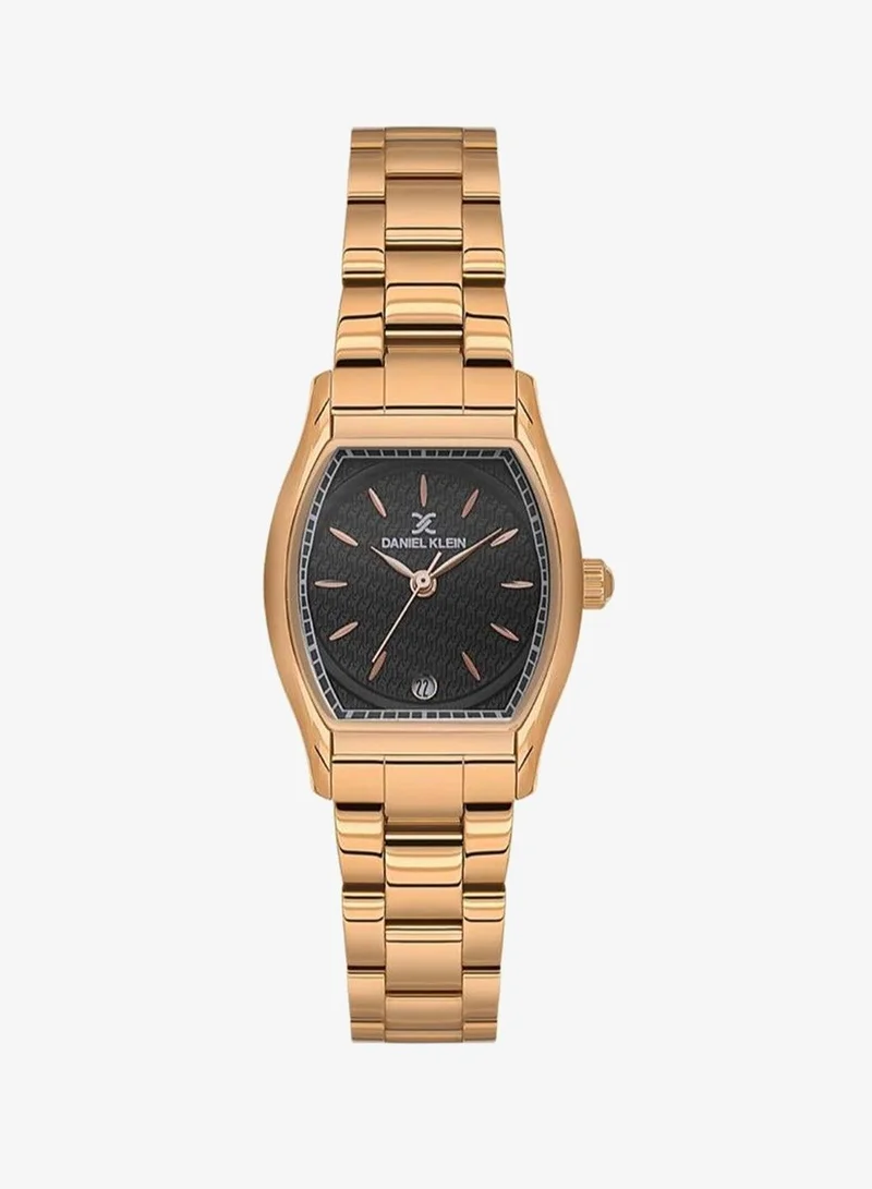 Daniel Klein Women's Stainless Steel Rose Gold Alloy Case Analog Black Barrel Sunray Dial Japanese Quartz Premium 50 Meters Water Resistant