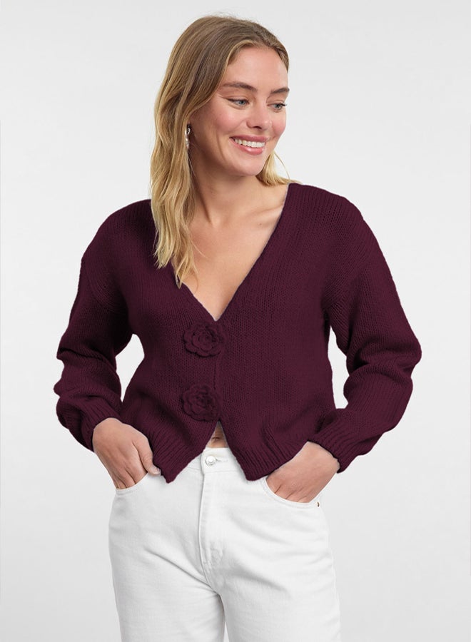 trendyol Burgundy Rose Detailed Knitwear Soft Textured Cardigan - Image 1