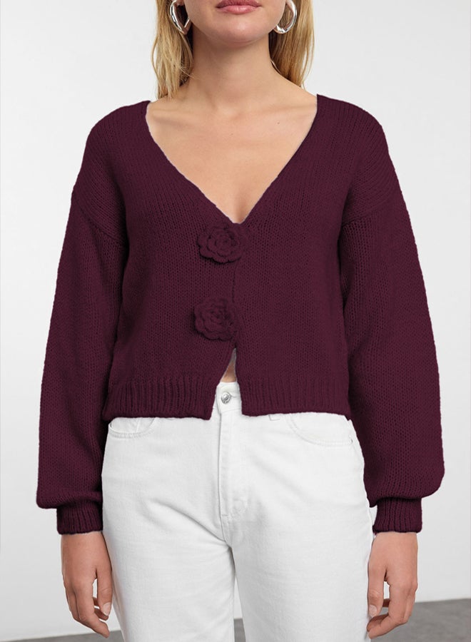 trendyol Burgundy Rose Detailed Knitwear Soft Textured Cardigan - Image 3