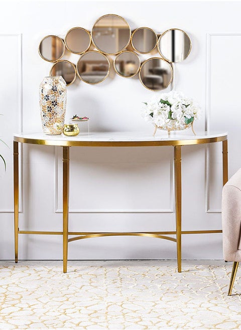 Humpback Console Table Multifunctional Living Room Table Space Saving Center Table Modern Design Furniture For Home 131x41x81 cm White/Brushed Gold