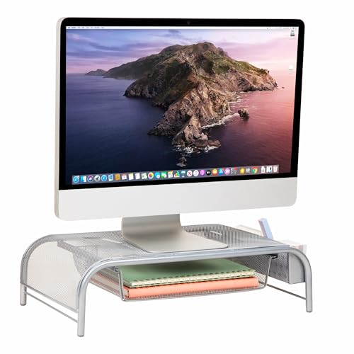 Mind Reader Monitor Stand, Ventilated Laptop Riser, Paper Tray, Storage, Office, Metal Mesh, 20"L x 11.5"W x 5.5"H, Silver - Image 1