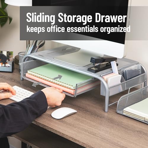 Mind Reader Monitor Stand, Ventilated Laptop Riser, Paper Tray, Storage, Office, Metal Mesh, 20"L x 11.5"W x 5.5"H, Silver - Image 5