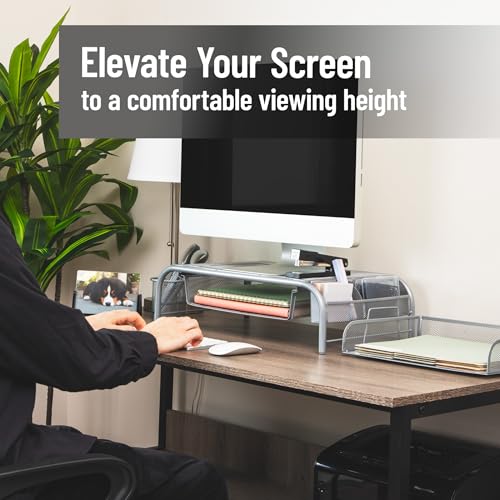 Mind Reader Monitor Stand, Ventilated Laptop Riser, Paper Tray, Storage, Office, Metal Mesh, 20"L x 11.5"W x 5.5"H, Silver - Image 2