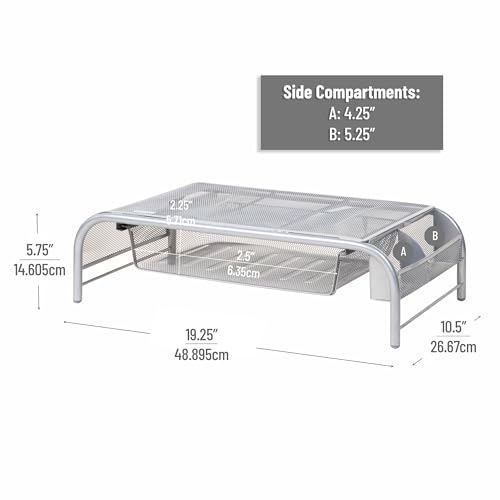Mind Reader Monitor Stand, Ventilated Laptop Riser, Paper Tray, Storage, Office, Metal Mesh, 20"L x 11.5"W x 5.5"H, Silver - Image 3
